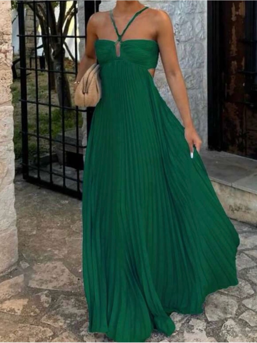 SHEIN Emerald Green Pleated Halter Maxi Dress